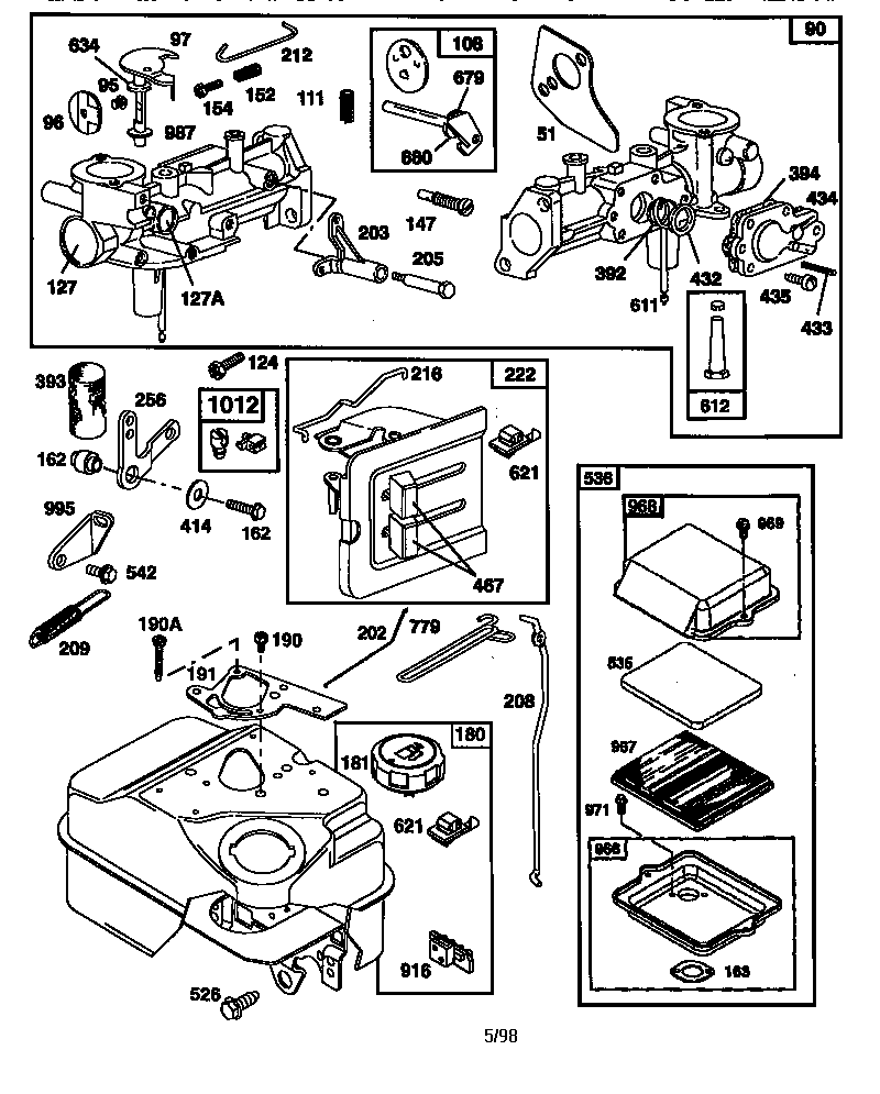 Carburetor, air cleaner, and fuel tank assembly
