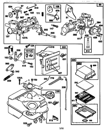 Carburetor, air cleaner, and fuel tank assembly