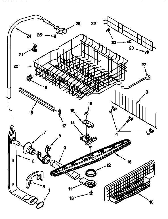 Upper dishrack and water feed