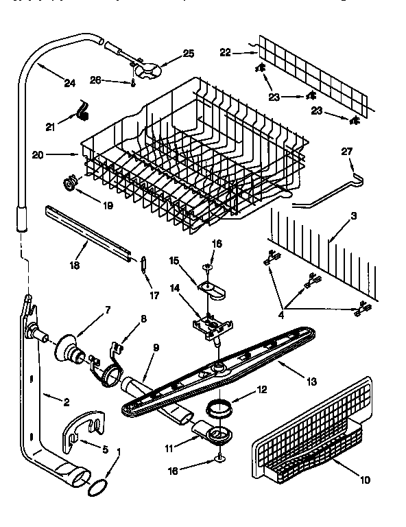 Upper dishrack and water feed
