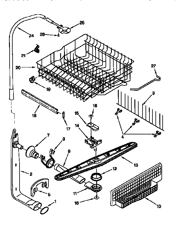Upper dishrack and water feed