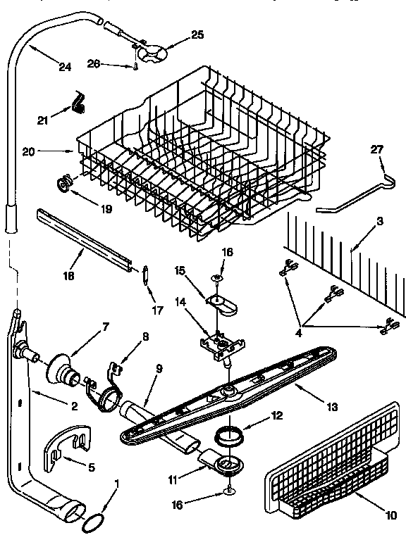 Upper dishrack and water feed