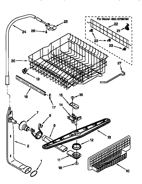 Upper dishrack and water feed
