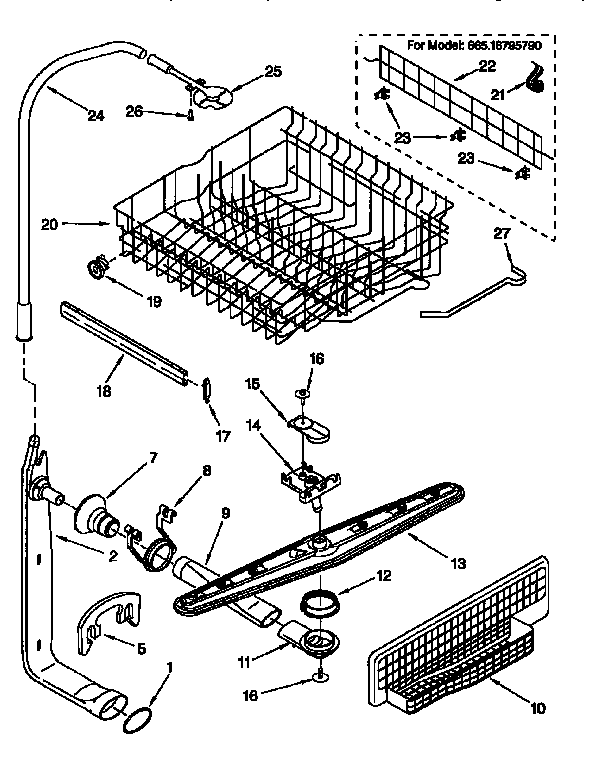 Upper dishrack and water feed