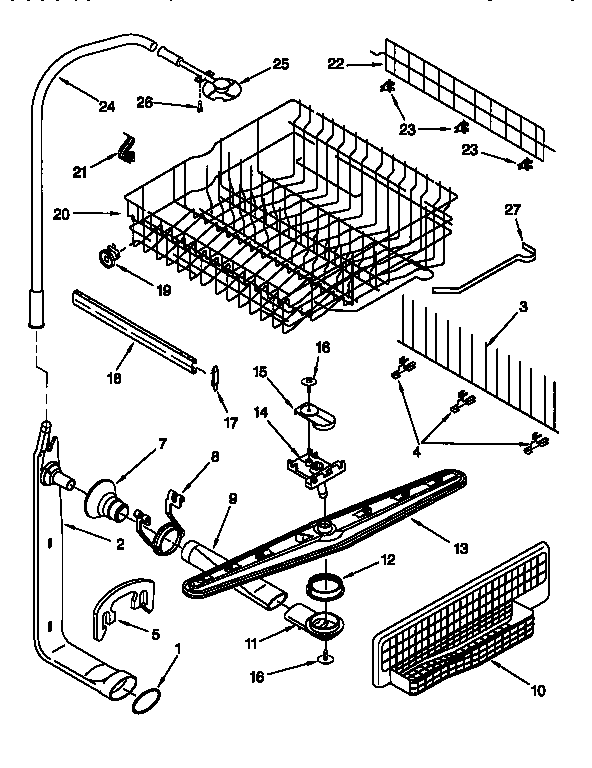 Upper dishrack and water feed