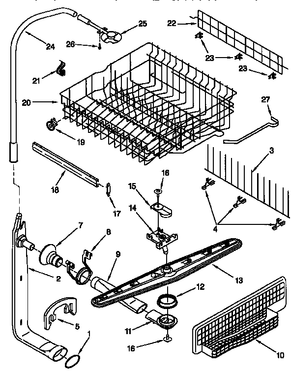 Upper dishrack and water feed