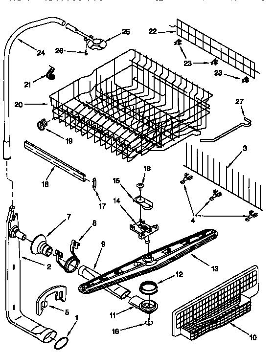 Upper dishrack and water feed