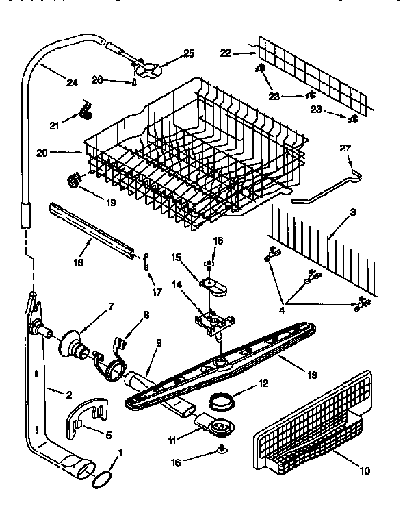 Upper dishrack and water feed