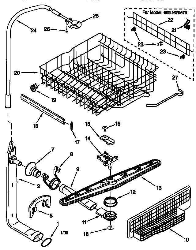 Upper dishrack and water feed