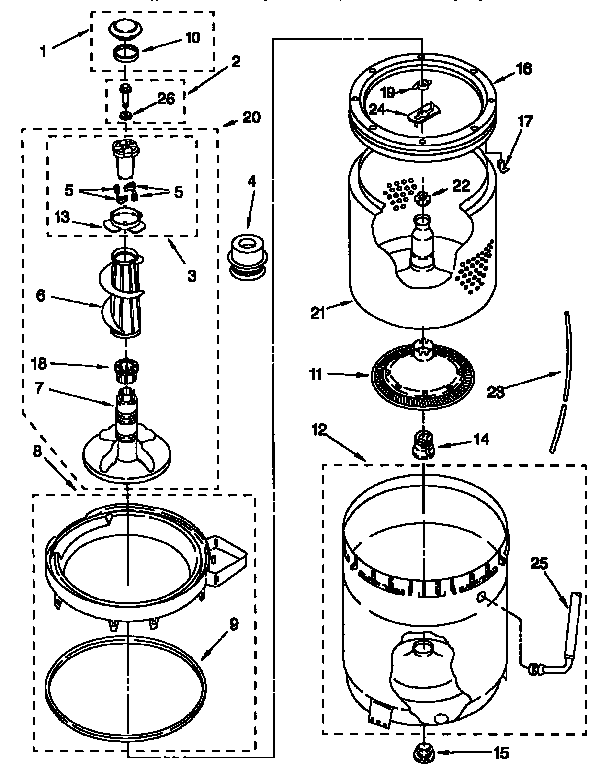 Agitator, basket and tub