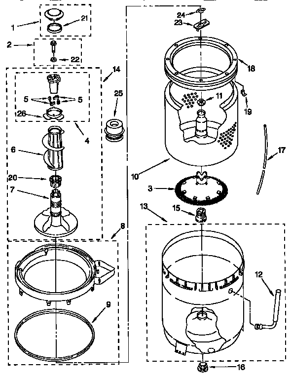Agitator, basket and tub