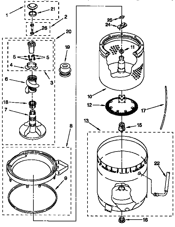 AGITATOR, BASKET AND TUB