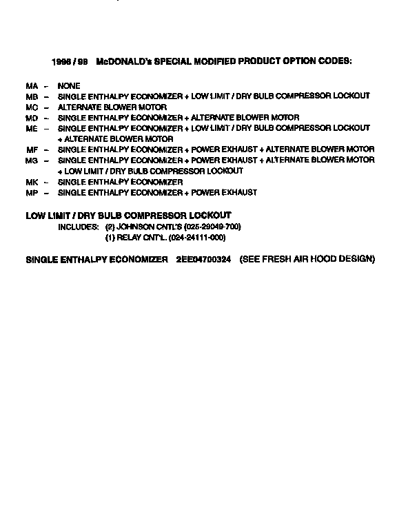 Special modified option codes