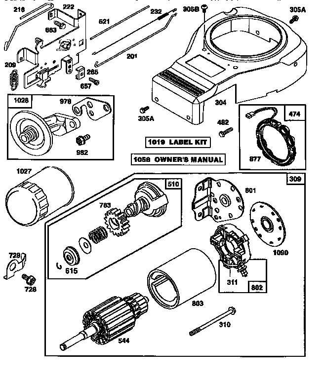 Motor and drive starter, blower housing