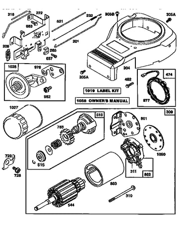Motor and drive starter, blower housing