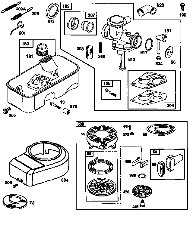 Carburetor and rewind starter assembly