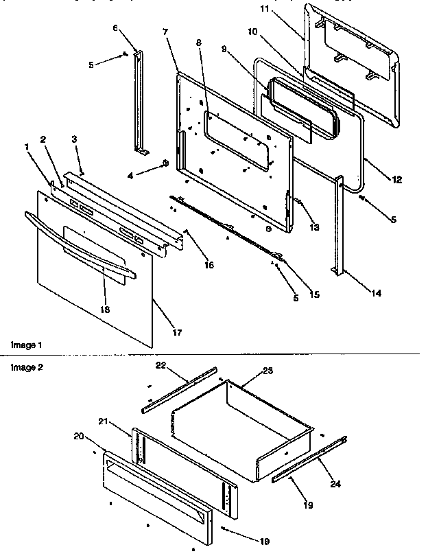 Oven door and storage drawer