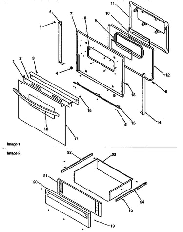 Oven door and storage drawer