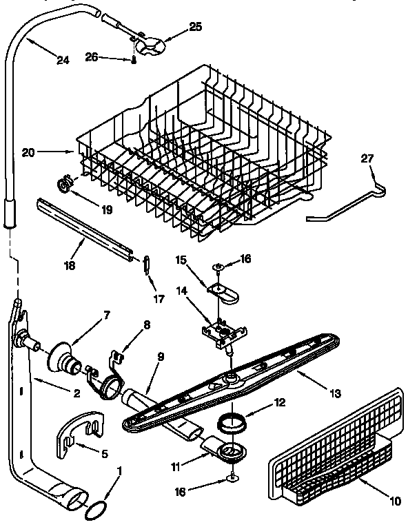 Upper dishrack and water feed