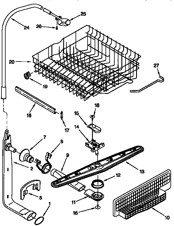Upper dishrack and water feed