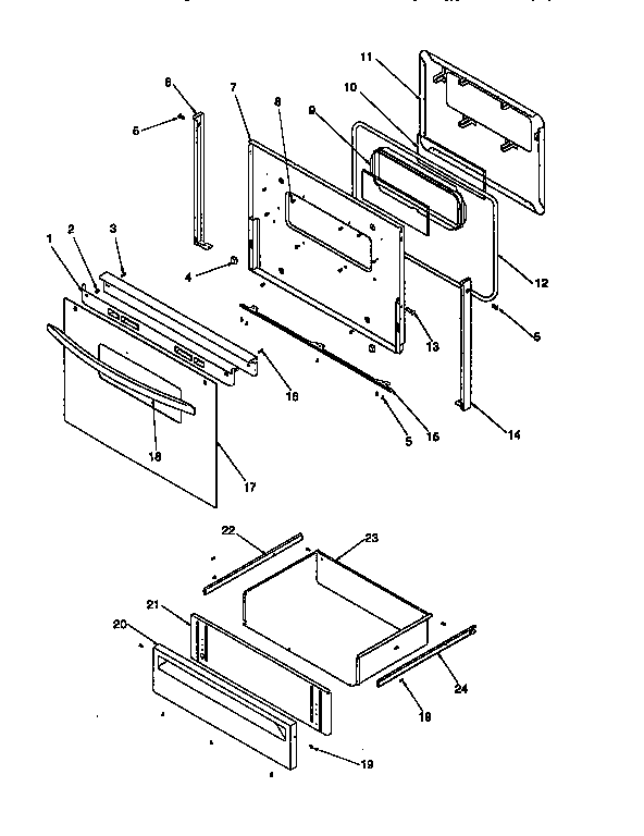 Oven door and storage drawer