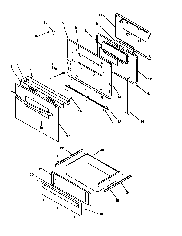 Oven door and storage drawer