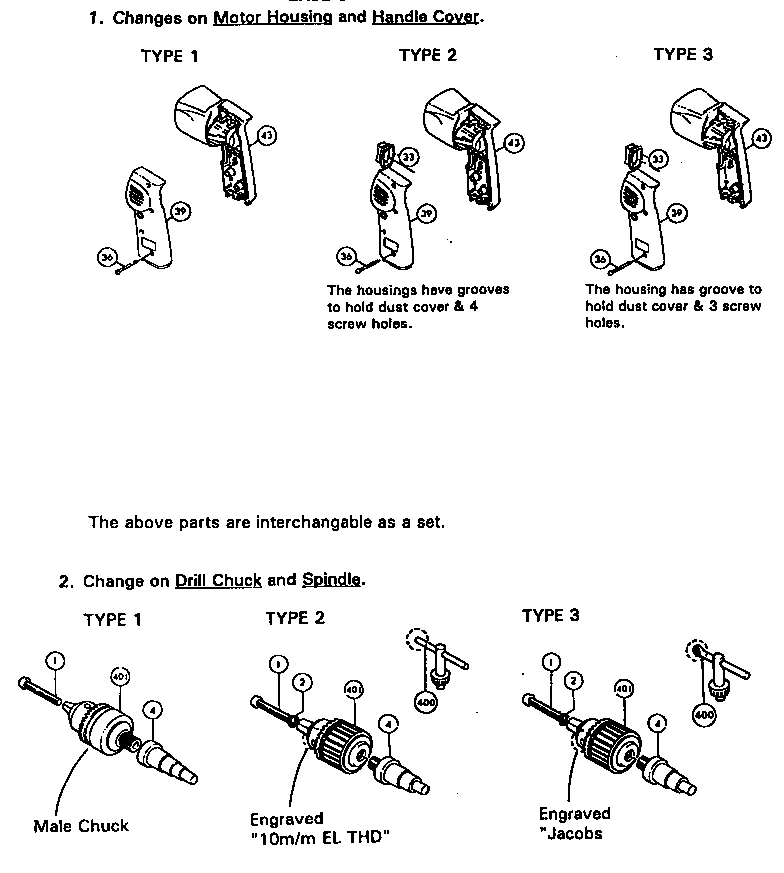 Changes on motor housing/handle cover/drill chuck/spindle