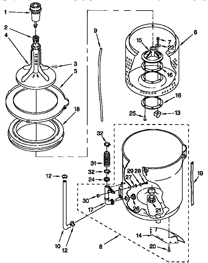 AGITATOR, BASKET AND TUB