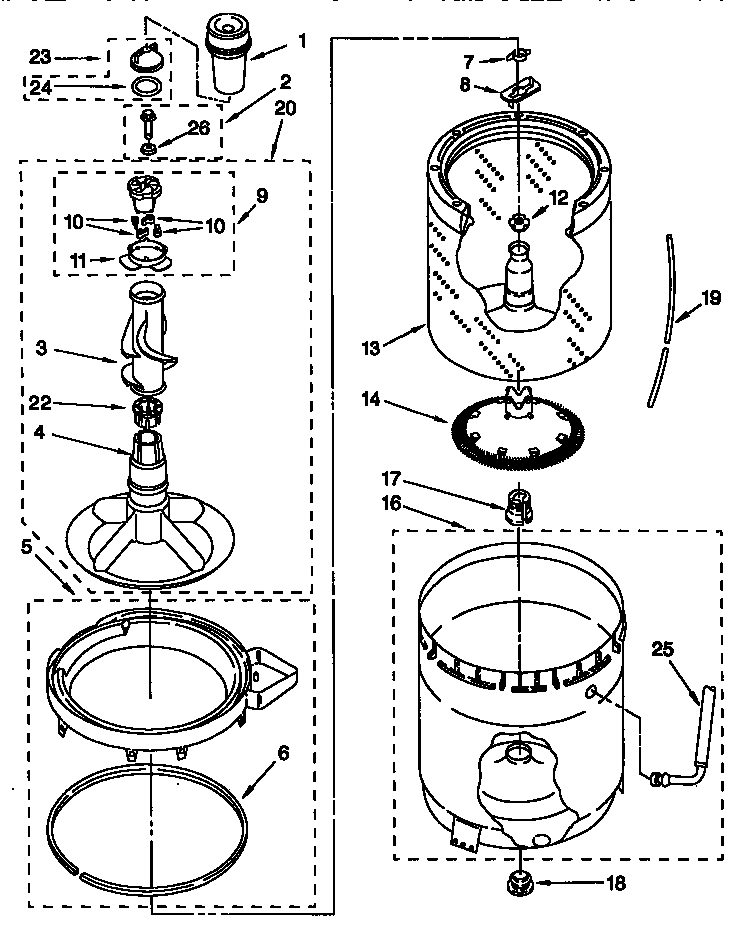 AGITATOR, BASKET AND TUB