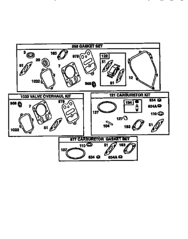 Gasket set/valve overhaul/carburetor kit