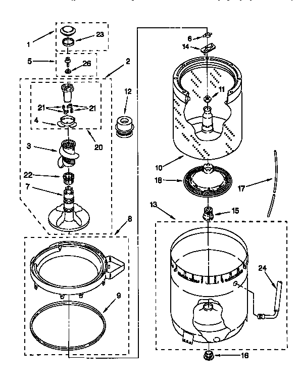 AGITATOR, BASKET, AND TUB