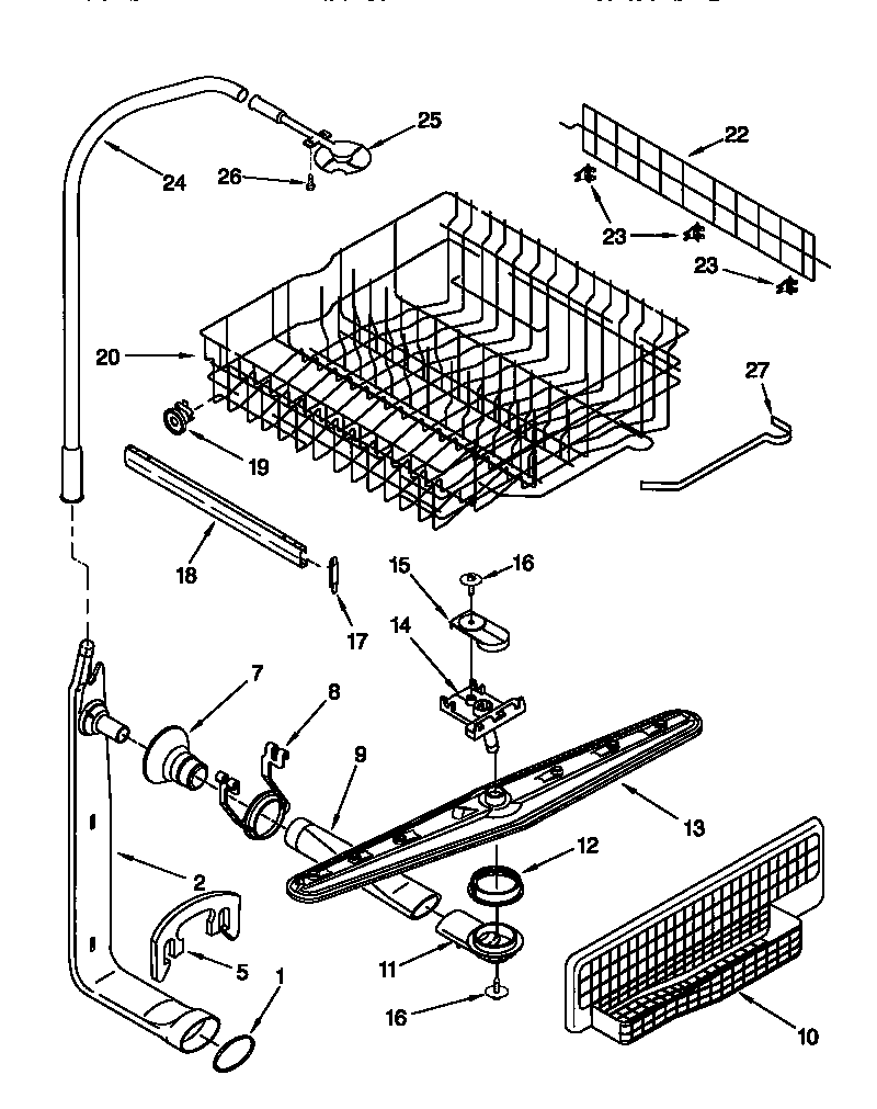 Upper dishrack and water feed