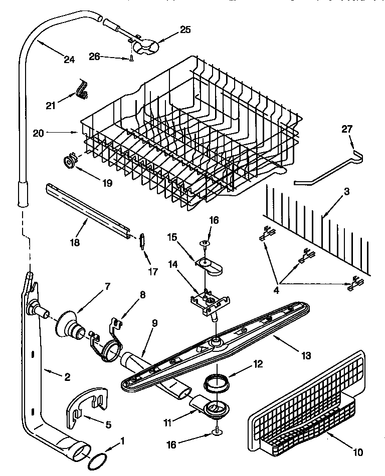 Upper dishrack and water feed