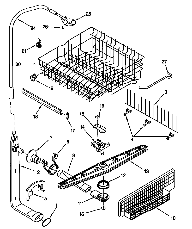 Upper dishrack and water feed