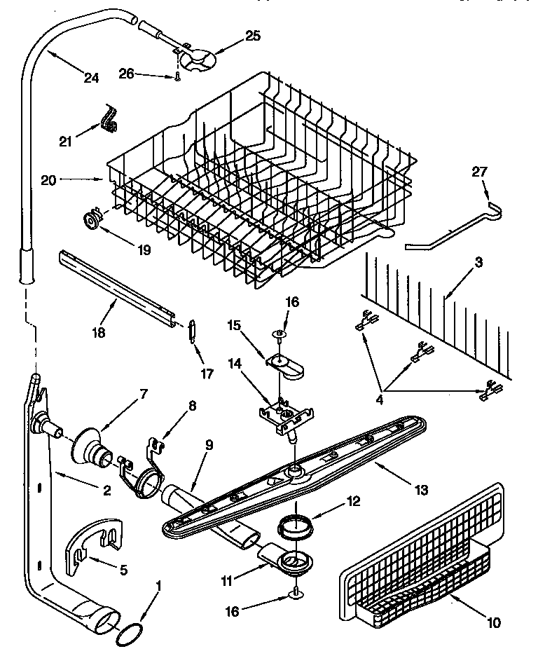 Upper dishrack and water feed