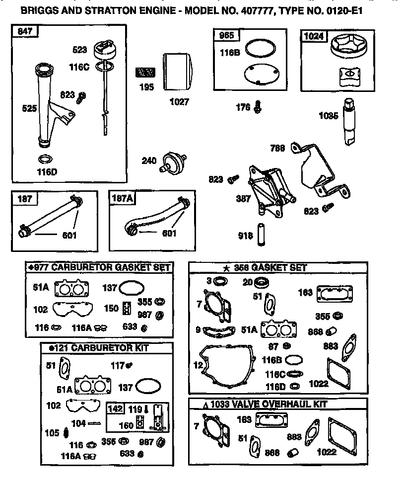 Dip stick tube assembly, gasket set, carburetor kit