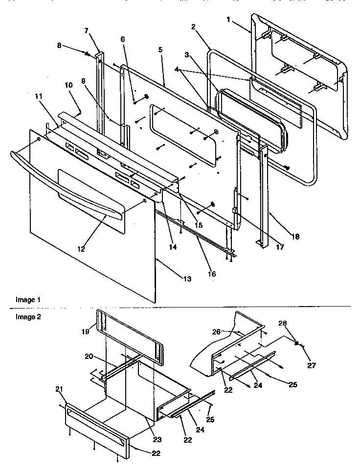 Oven door and storage drawer