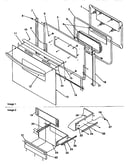 Oven door and storage drawer