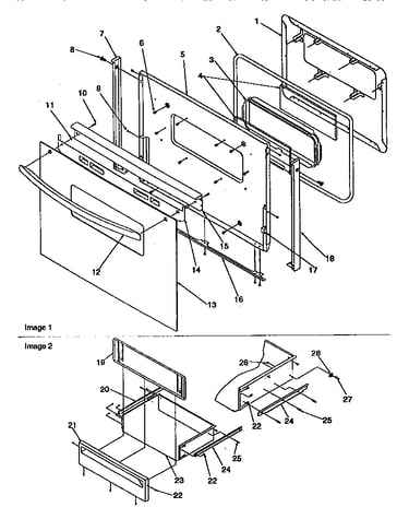 Oven door and storage drawer