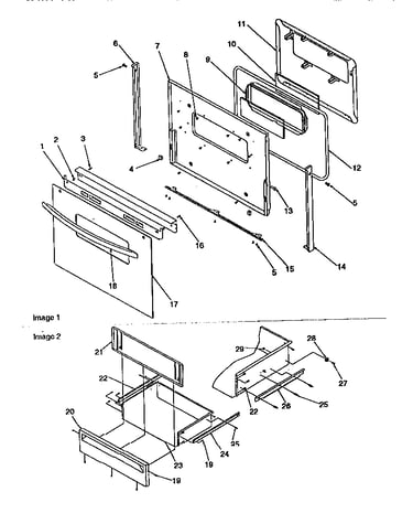 Oven door and storage drawer