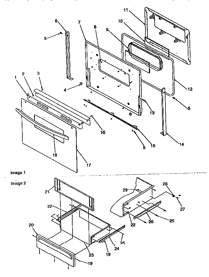 Oven door and storage drawer