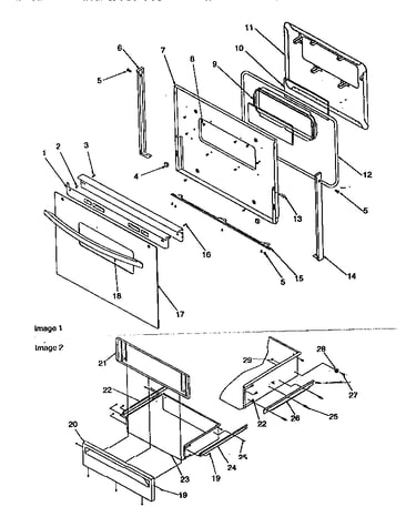 Oven door and storage drawer
