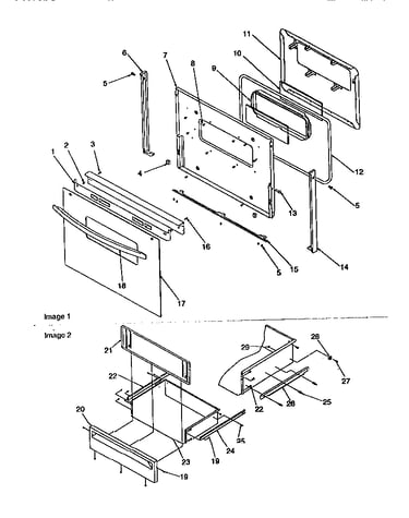 Oven door and storage drawer