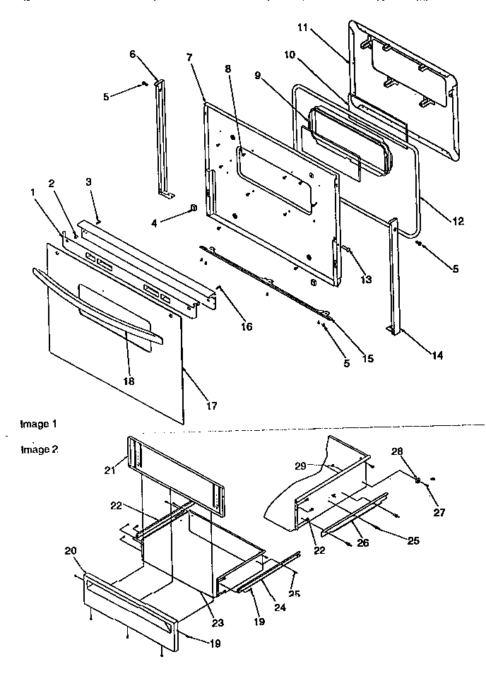 Oven door and storage drawer