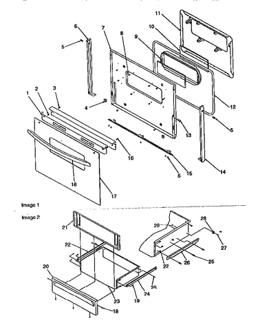Oven door and storage drawer