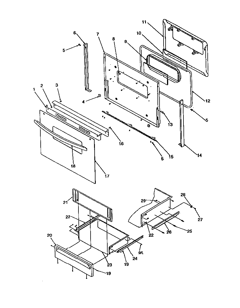 Oven door and storage drawer