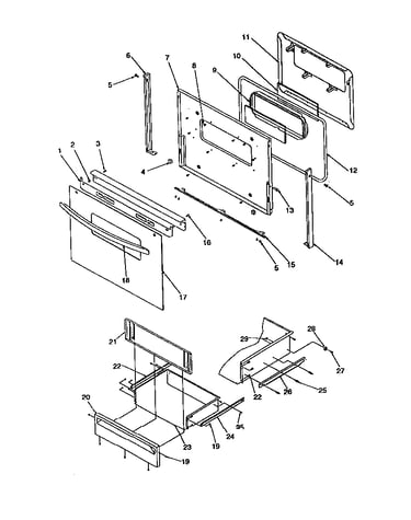 Oven door and storage drawer