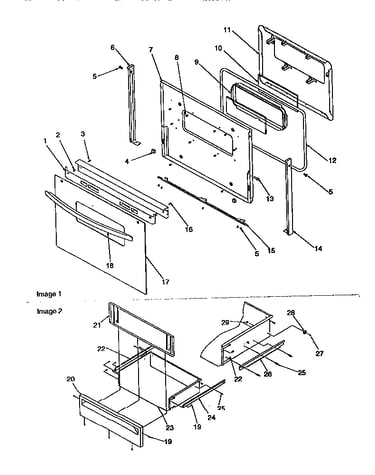 Oven door and storage drawer
