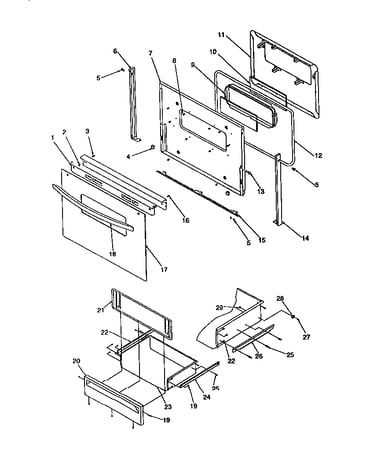Oven door and storage drawer