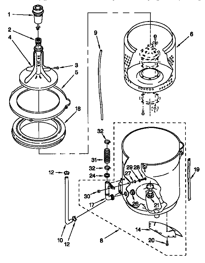 AGITATOR, BASKET AND TUB